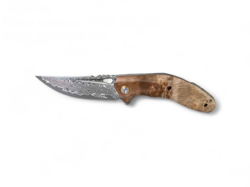 Ръчно изработен сгъваем нож от дамаска стомана с дървена ръкохватка
