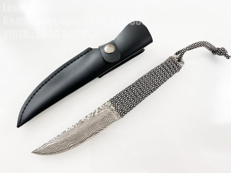 Ловен нож с кожена кания и шарки имитиращи дамаска стомана