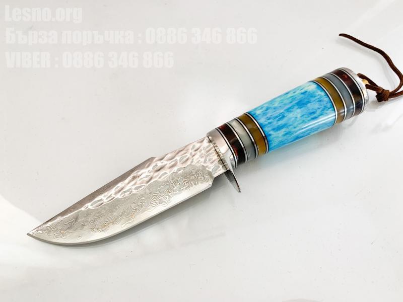 Ловен нож ръчно направен от дамаска японска стомана,дръжка от цветен кориан