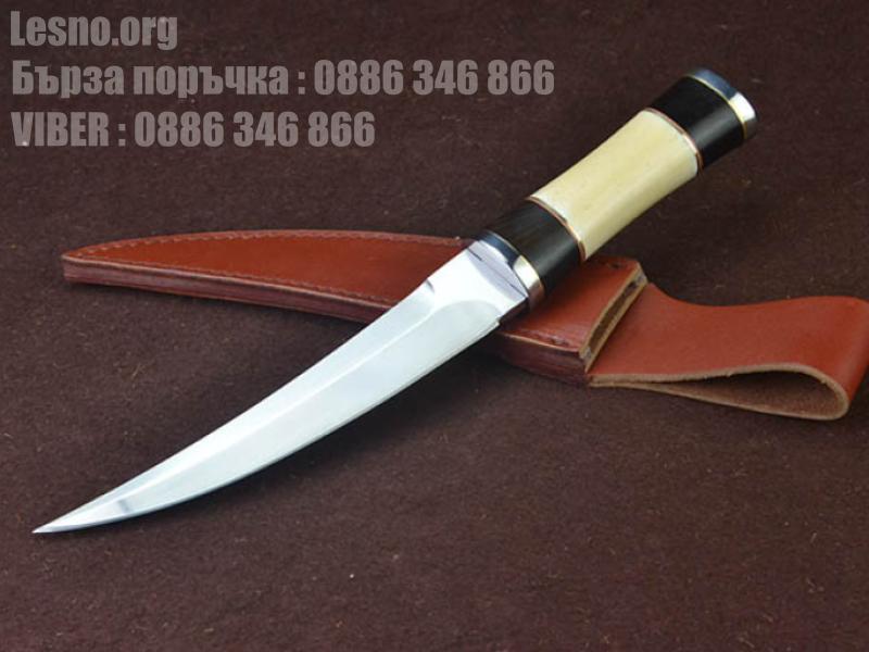 Ръчно направен ловен нож с кожен клъф и дръжка от камилска кост