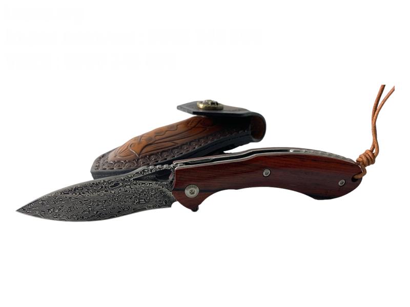 Артистичен сгъваем нож с дамаска стомана и ръчно изработен кожен калъф