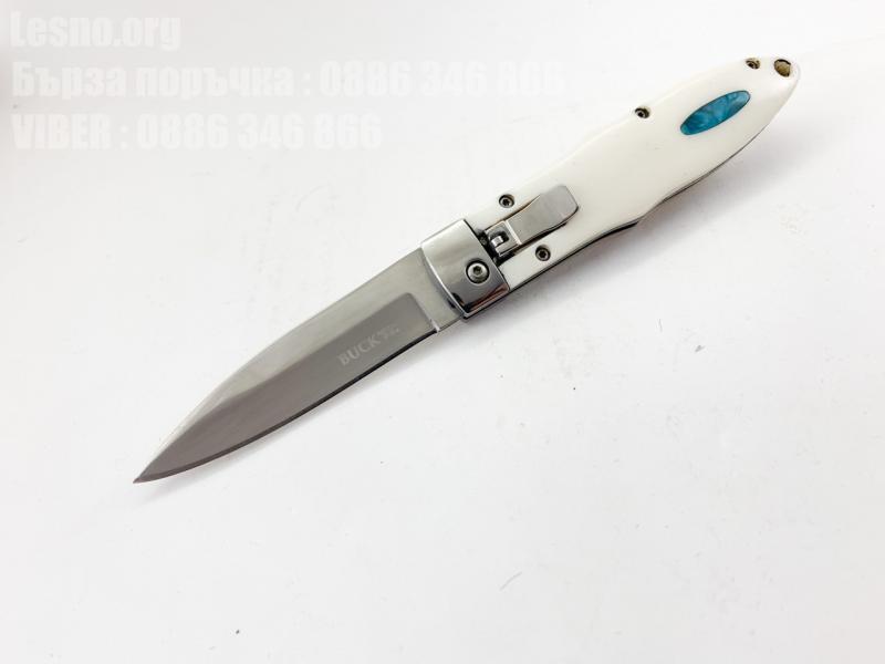 Сгъваем автоматичен нож Buck с дръжка от бял кориан 