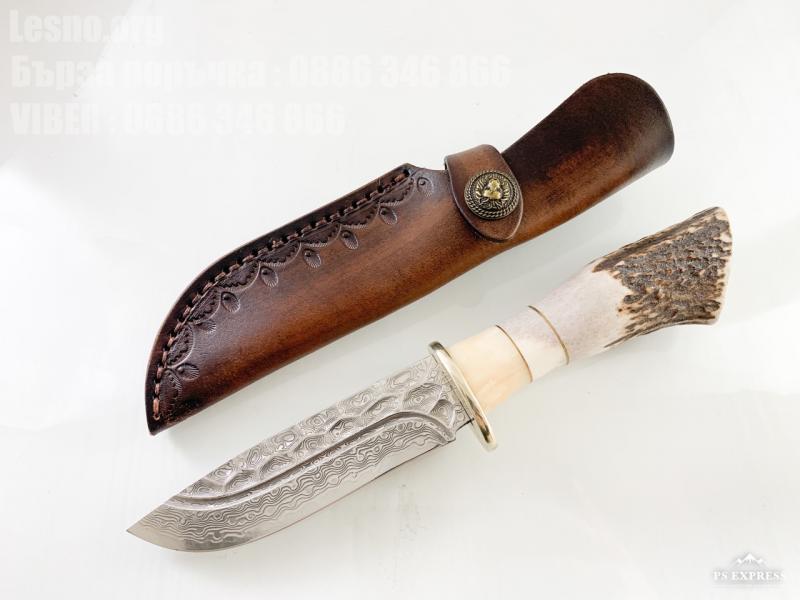 Ръчно направен ловен нож от японска дамаска стомана с VG 10 сърцевина и еленов рог дръжка 