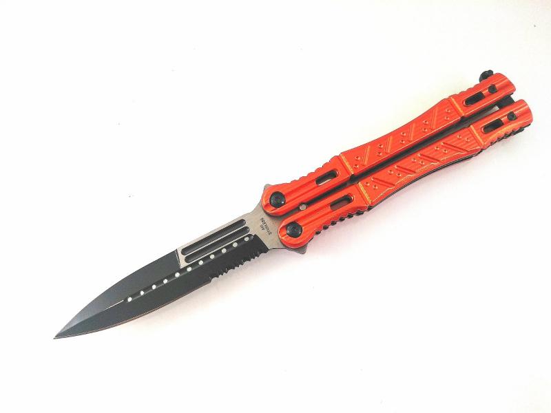 Метален нож пеперуда  футуристичен дизайн с острие 440 С стомана и оранжева дръжка