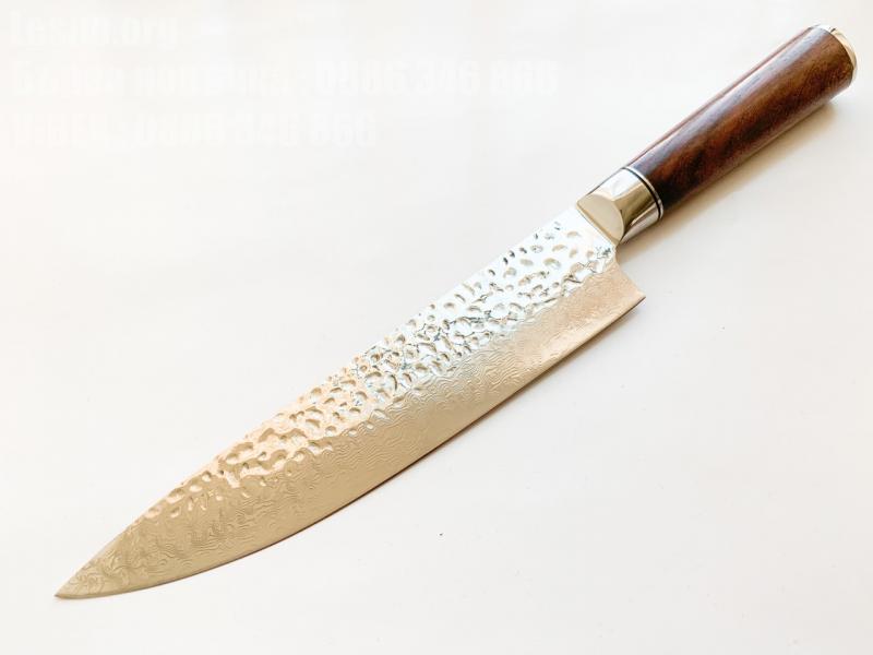 Професионален кухненски нож от дамаска японска стомана и кожена кания 