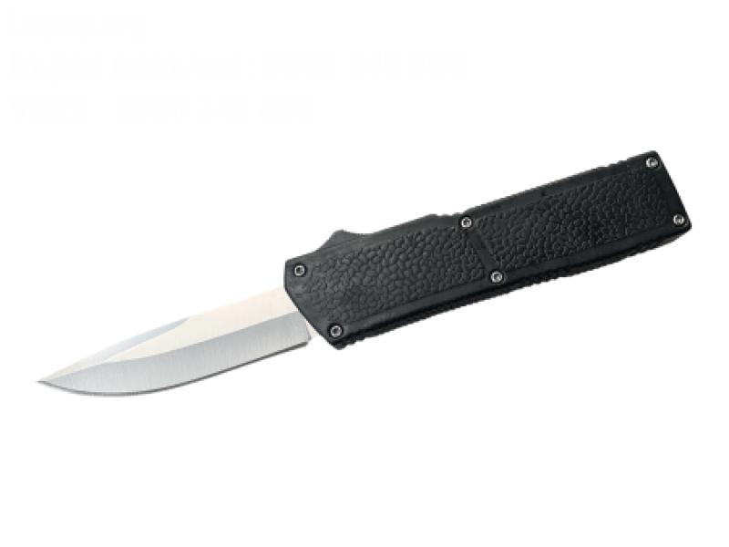 Автоматичен метален нож с единично острие OTF и релефна черна дръжка