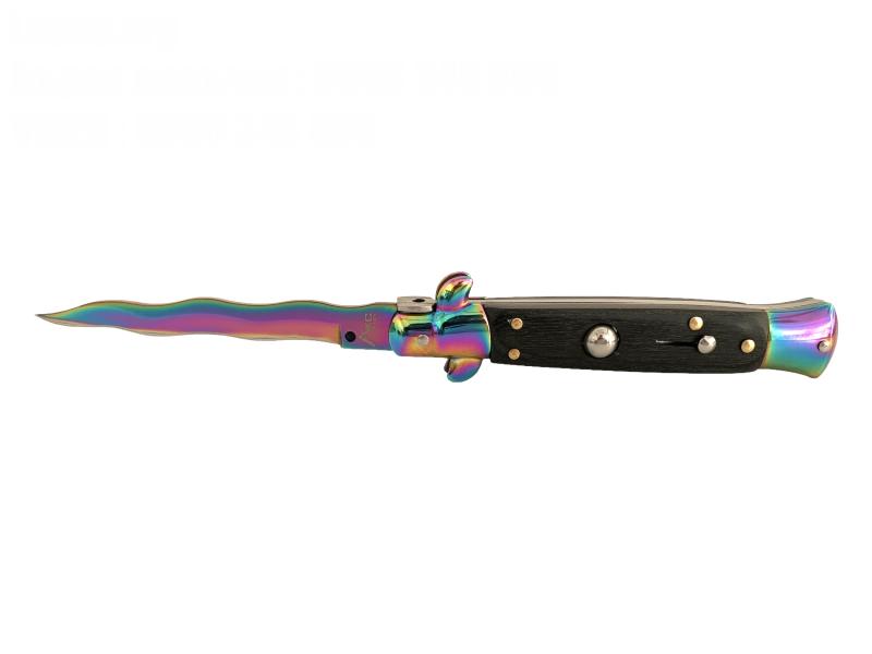 Елегантен сгъваем автоматичен нож с черно дръжка от дърво и многоцветно острие
