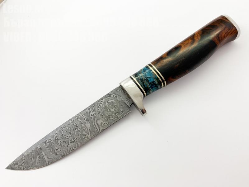 Ловен нож от дамаска стомана дръжка от махагон и кожен калъф