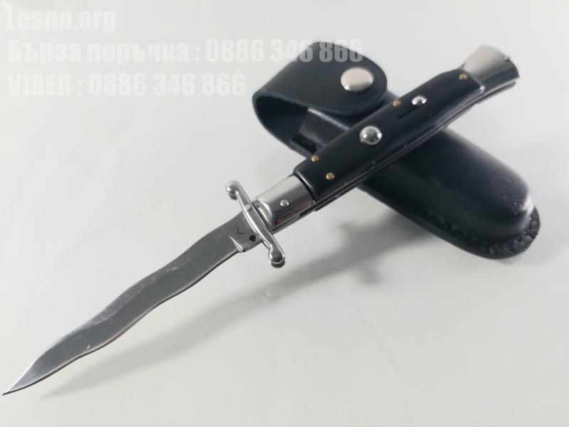 Автоматичен сгъваем джобен нож с кожен калъф АКC Italy змиевидно острие 