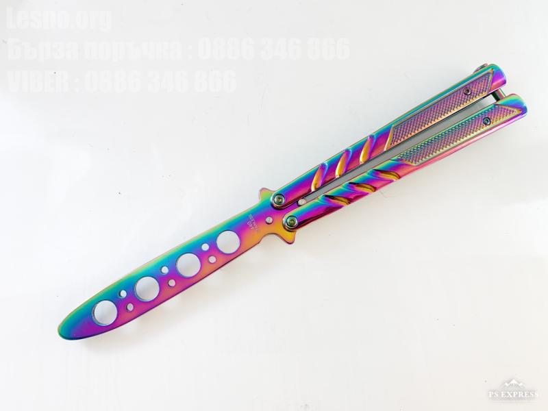 Масивен метален нож пеперуда подходящ за трикове   пружинен механизъм Rainbow футуристичен дизайн