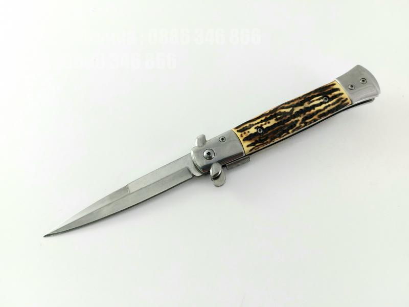 Автоматичен сгъваем джобен нож модел  Stilleto с дръжка Еленов рог (имитация)