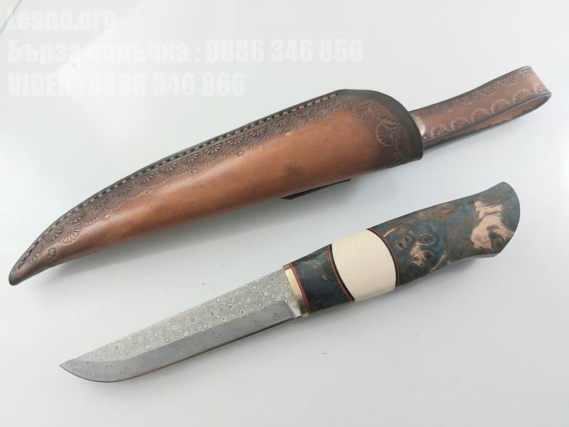 Ловен нож от японска дамаска стомана , дръжка от дърво и кориан имитиращ слонова кост модел 2