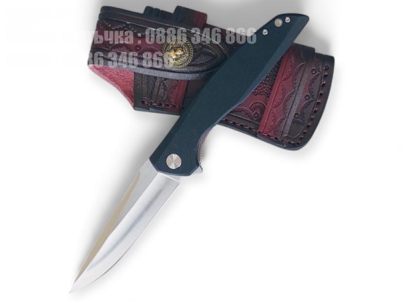 Джобен нож от D2 стомана с плавни сачмени лагери и богато украсен кожен калъф