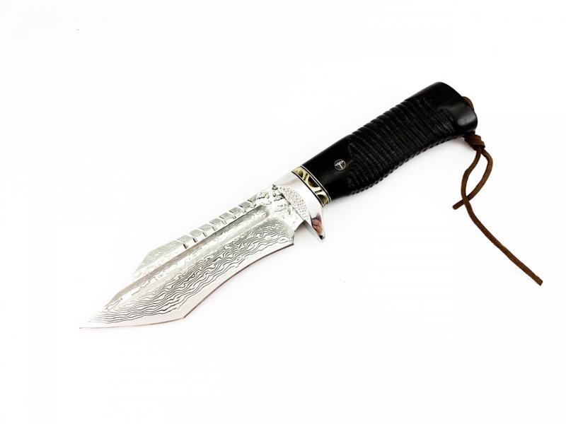 Ръчно направен ловен нож от дамаска стомана Дръжка от африканско черно дърво 